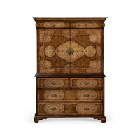 Front view, cabinet closed, detailed marquetry patterns.