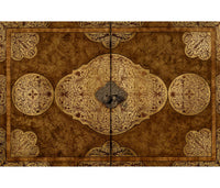 Central closed cabinet doors, detailed marquetry and metalwork.
