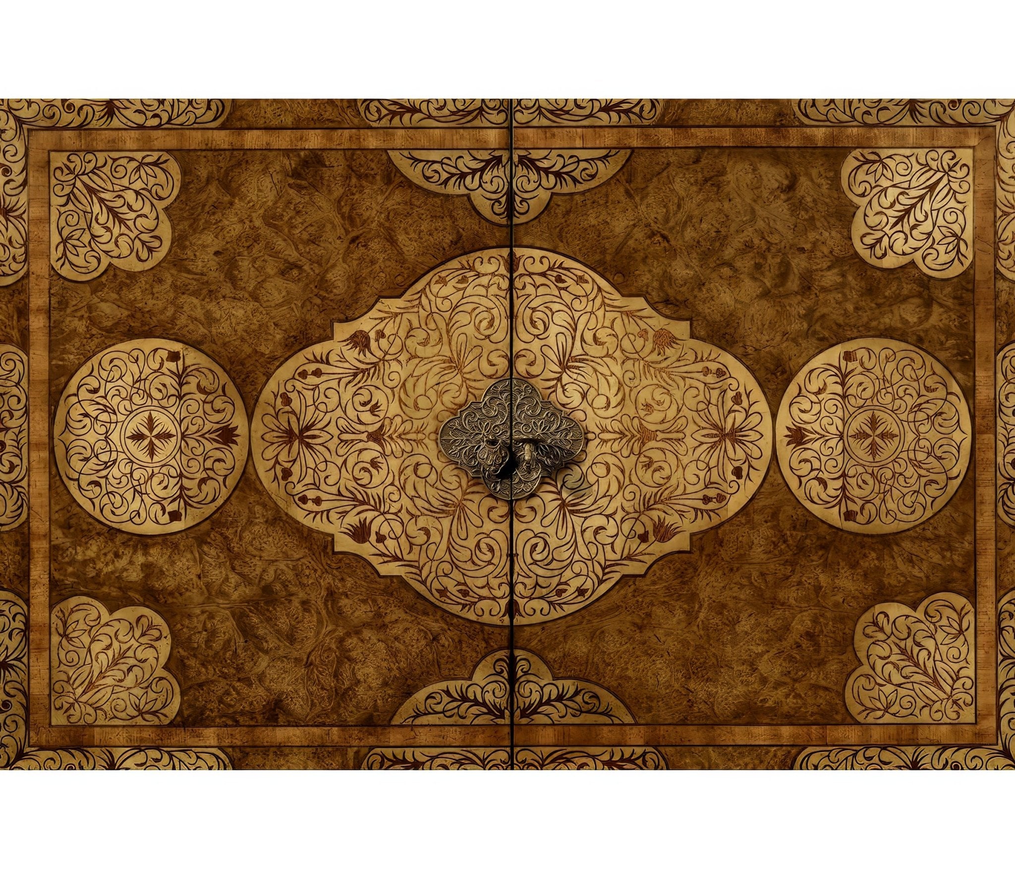 Central closed cabinet doors, detailed marquetry and metalwork.
