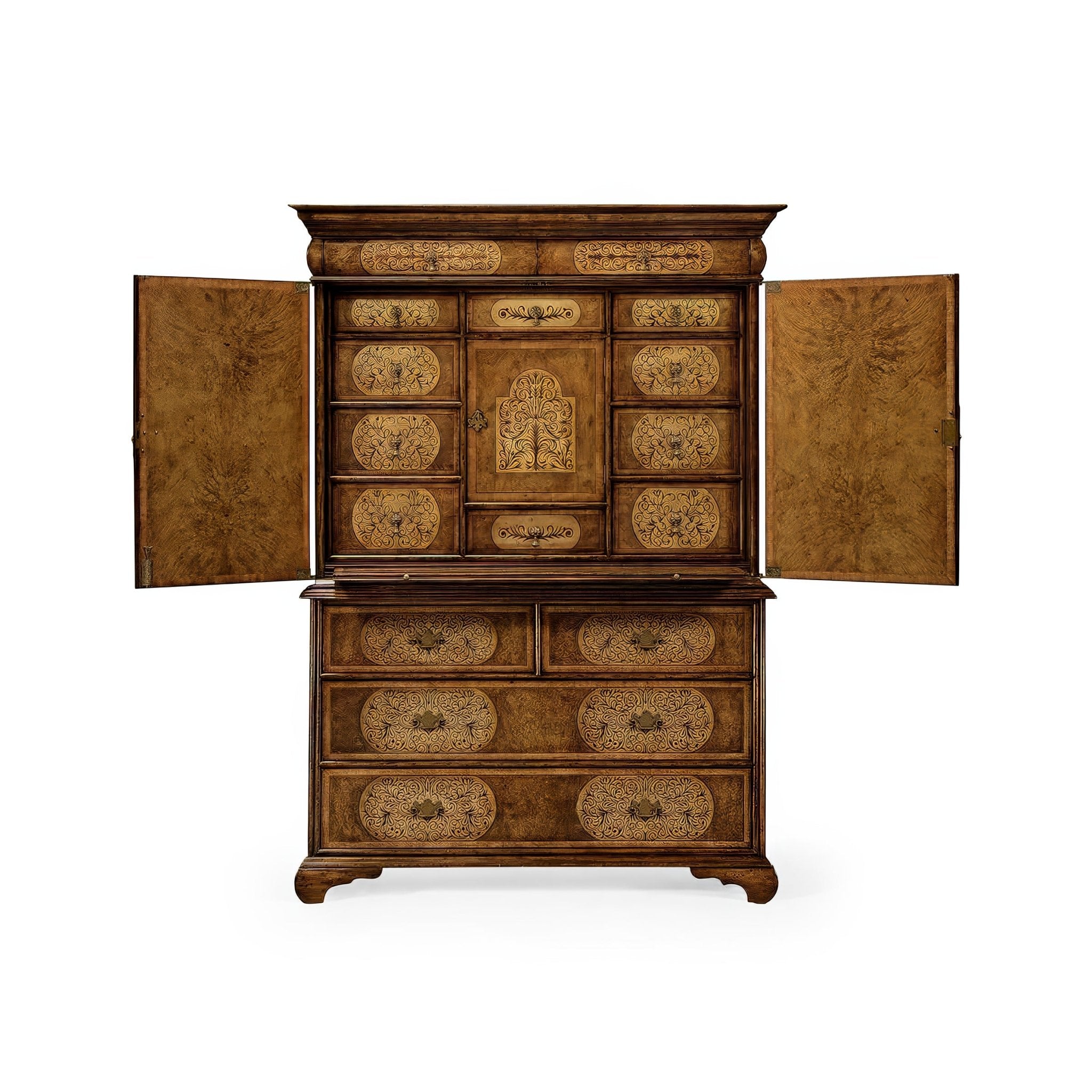 Front view, cabinet open, drawers and intricate designs visible.