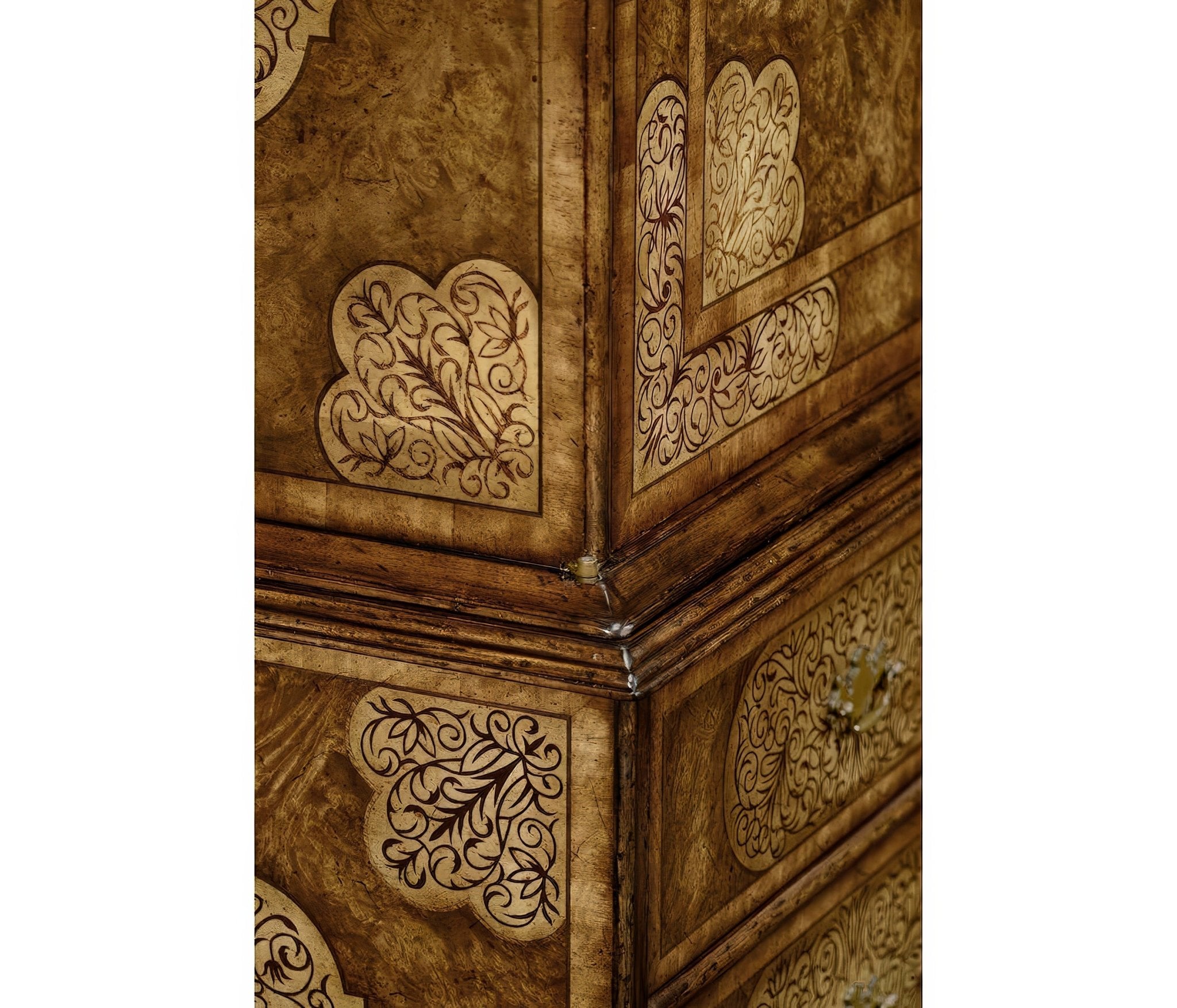 Side detail, intricate marquetry design on cabinet surface.