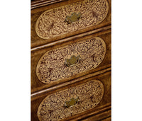 Detailed drawers, floral marquetry patterns on cabinet chest.