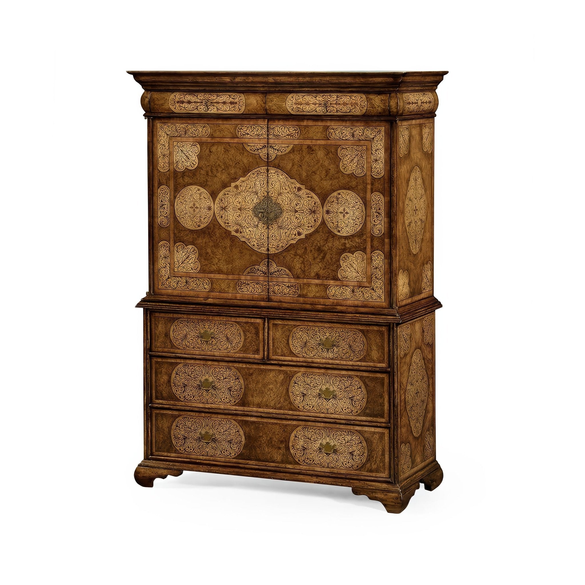 Closed marquetry cabinet on chest, intricate wood design.