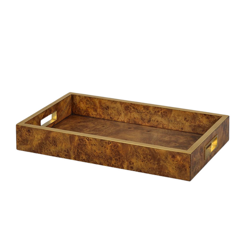 Contemporary Serving Tray with Brass Trim - Rustic Burl Finish