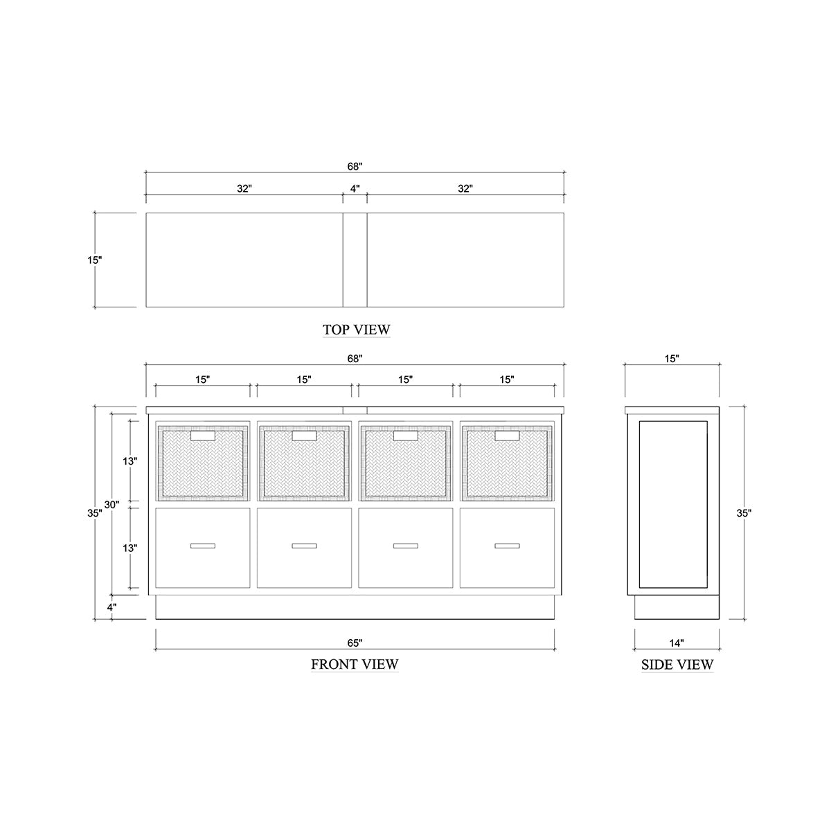Dimensions diagram of wooden storage cubby with baskets.