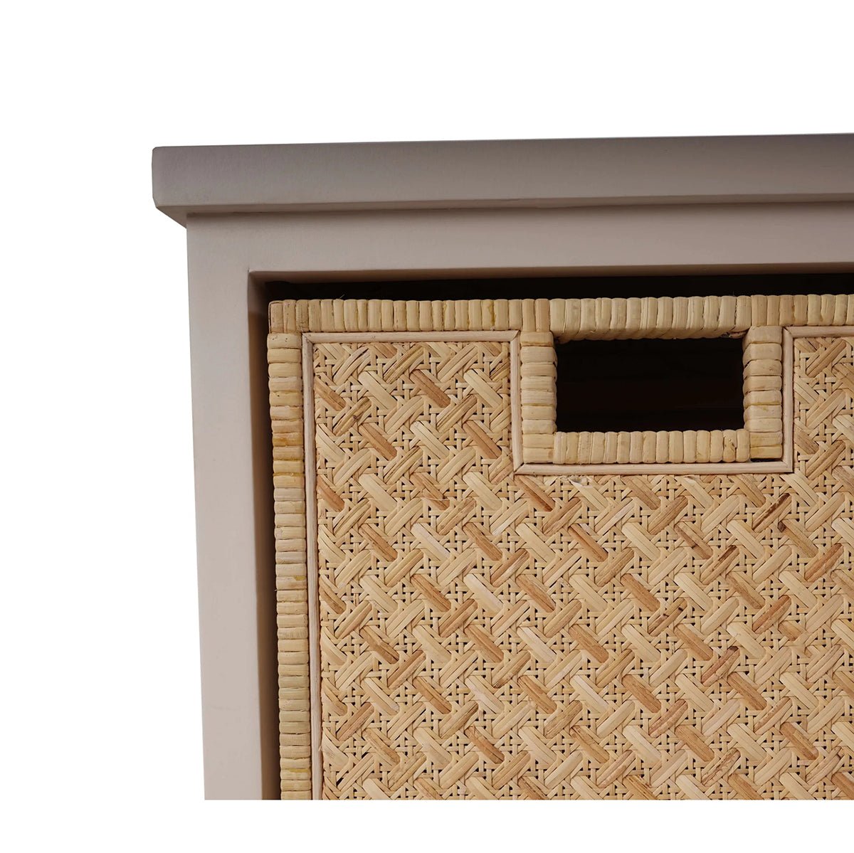 Close-up of basket handle on wooden storage cubby.