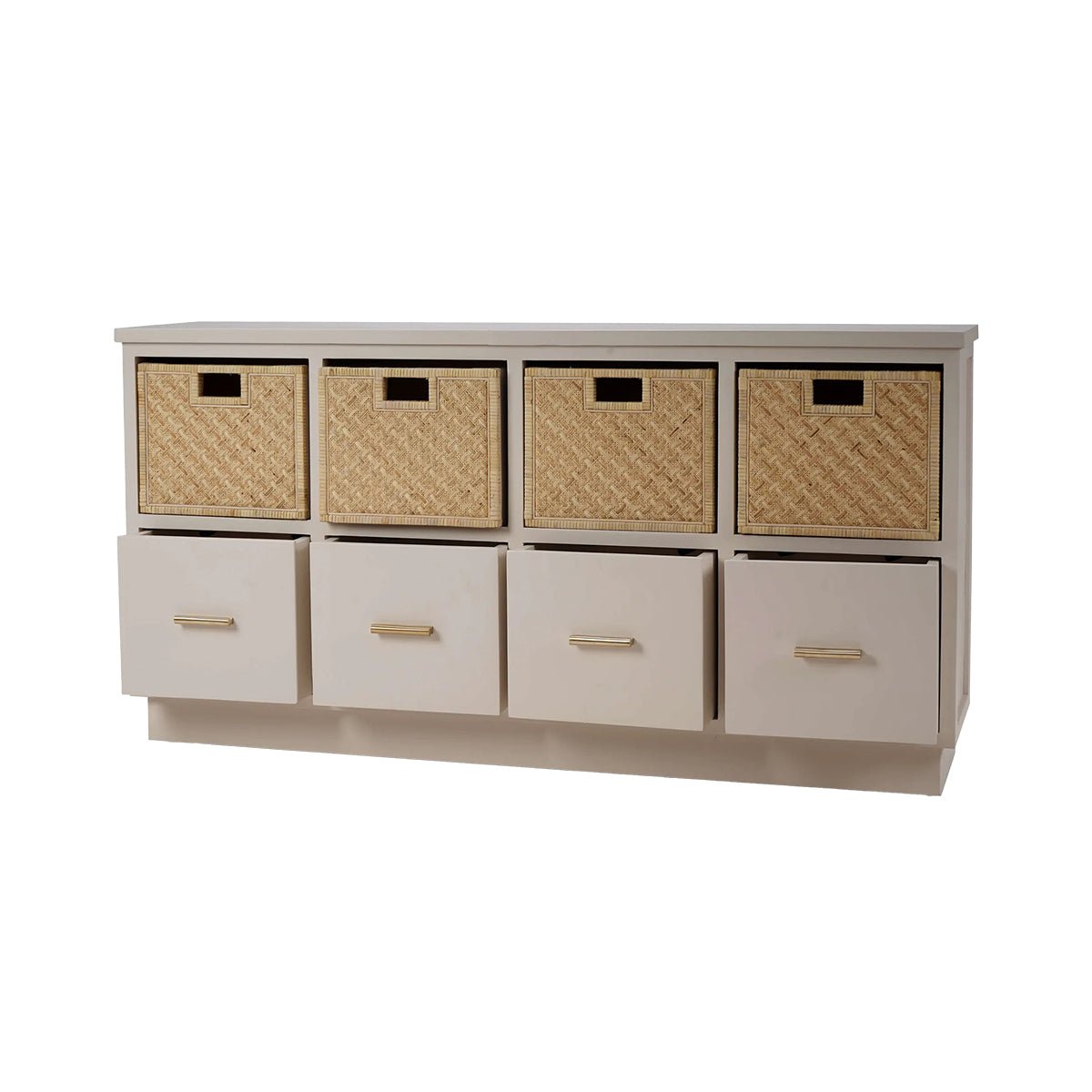 Wooden storage cubby with baskets, open drawers.