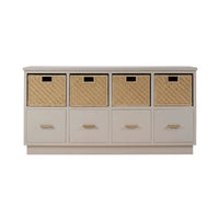 Wooden storage cubby with baskets, straight front view.
