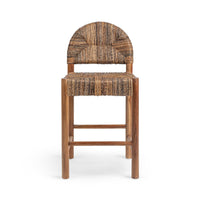 Front view of the brown abaca counter stool with its rounded woven back and wood footrest