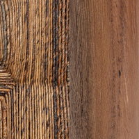 Side-by-side close-up of the brown abaca weave and warm teak grain