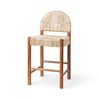 Three-quarter front view of a natural woven abaca counter stool with an arched back and teak legs