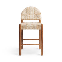 Front view of the natural abaca counter stool with its rounded woven back and wood footrest
