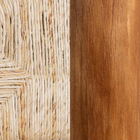 Side-by-side close-up of the light natural abaca weave and warm teak grain