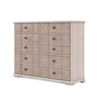 Wide washed maple dresser with shaped drawer fronts, angled view