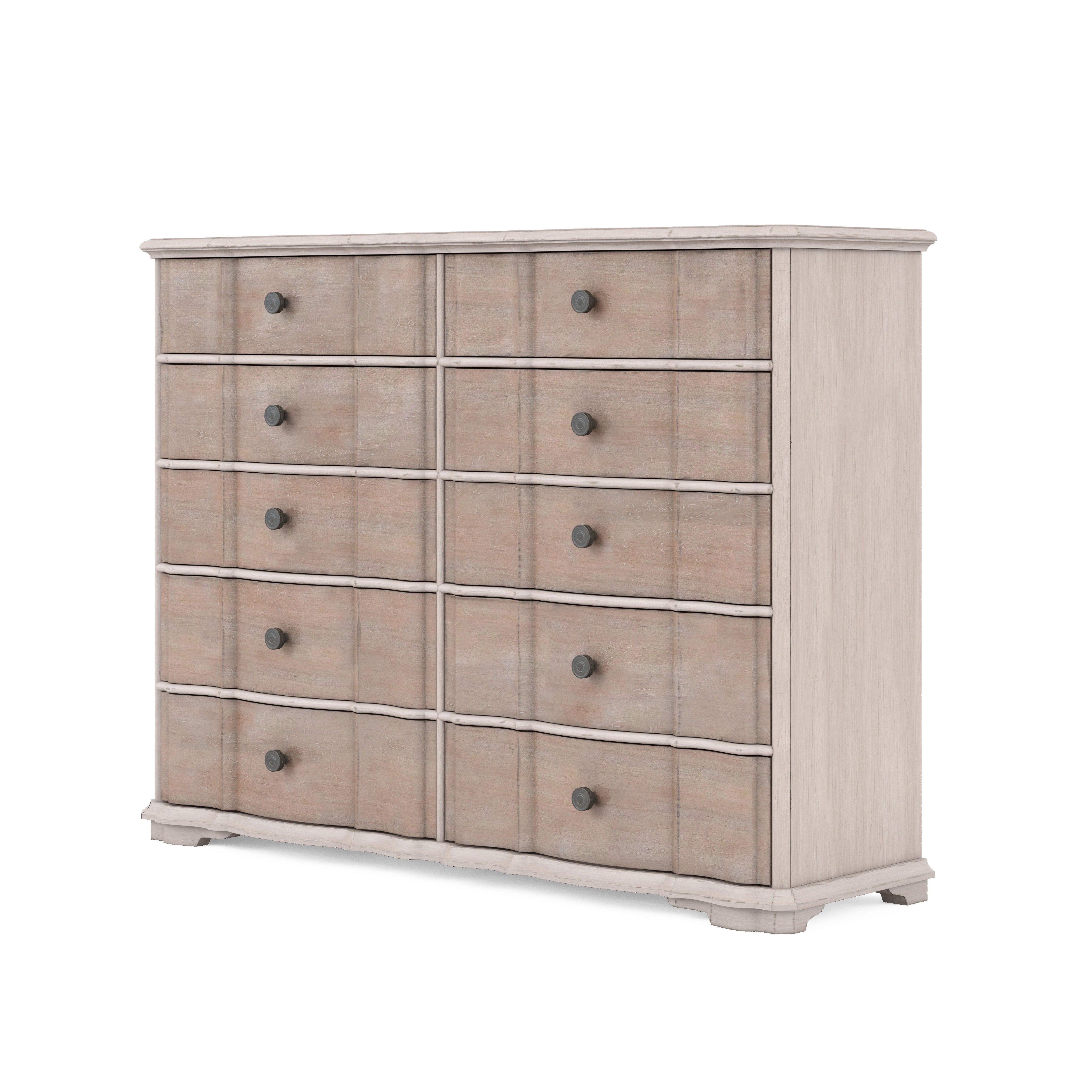 Wide washed maple dresser with shaped drawer fronts, angled view