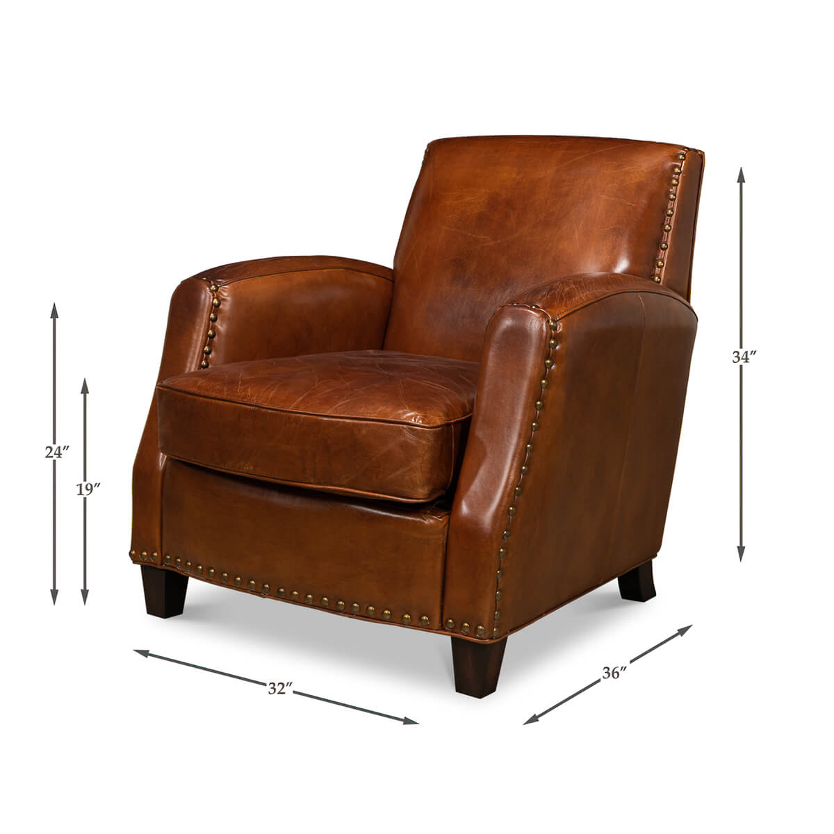 Brown leather armchair with dimensions labeled.