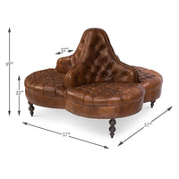 Brown leather lobby sofa dimensions diagram, tufted style.
