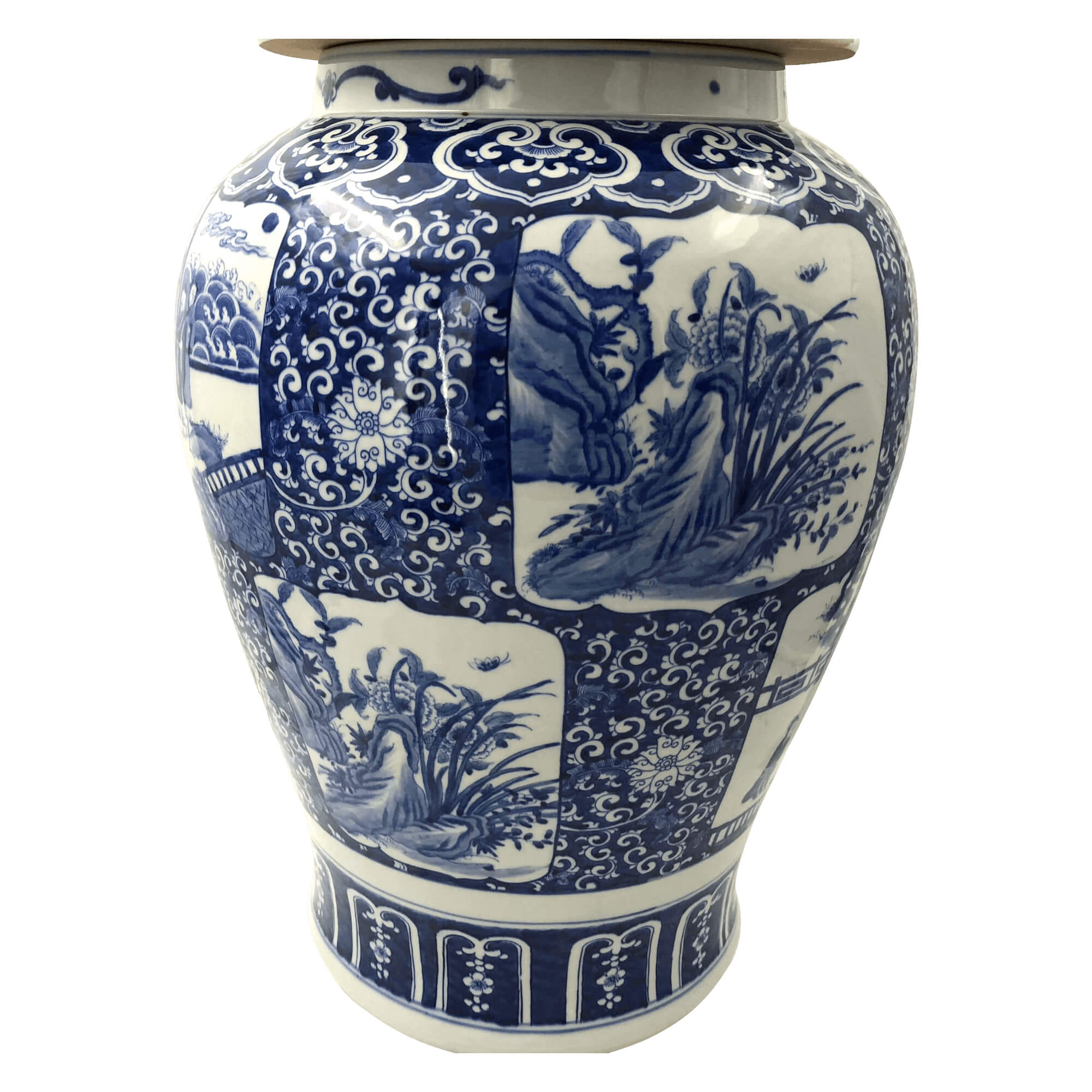 Temple jar without lid, focused on panel artwork.