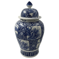 Blue and white temple jar, intricate panel scenes, lid on.