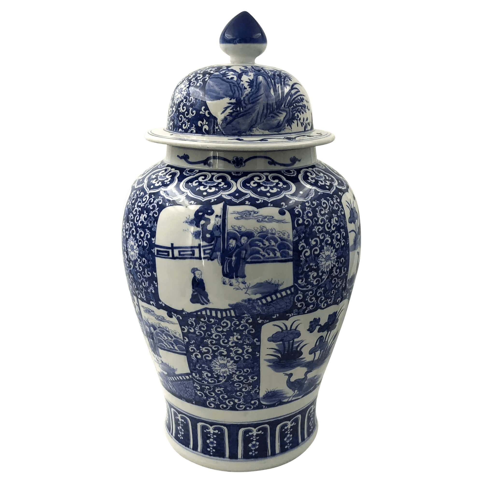 Chinese porcelain temple jar, decorative panels, side view.