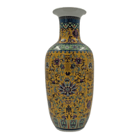 Detailed pattern on Chinese export yellow vase, vibrant colors.