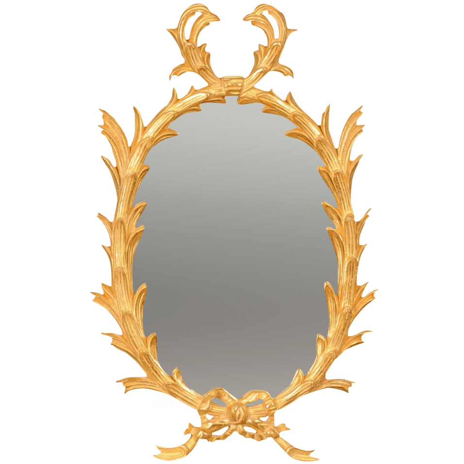 Ornate oval giltwood mirror with palm design.