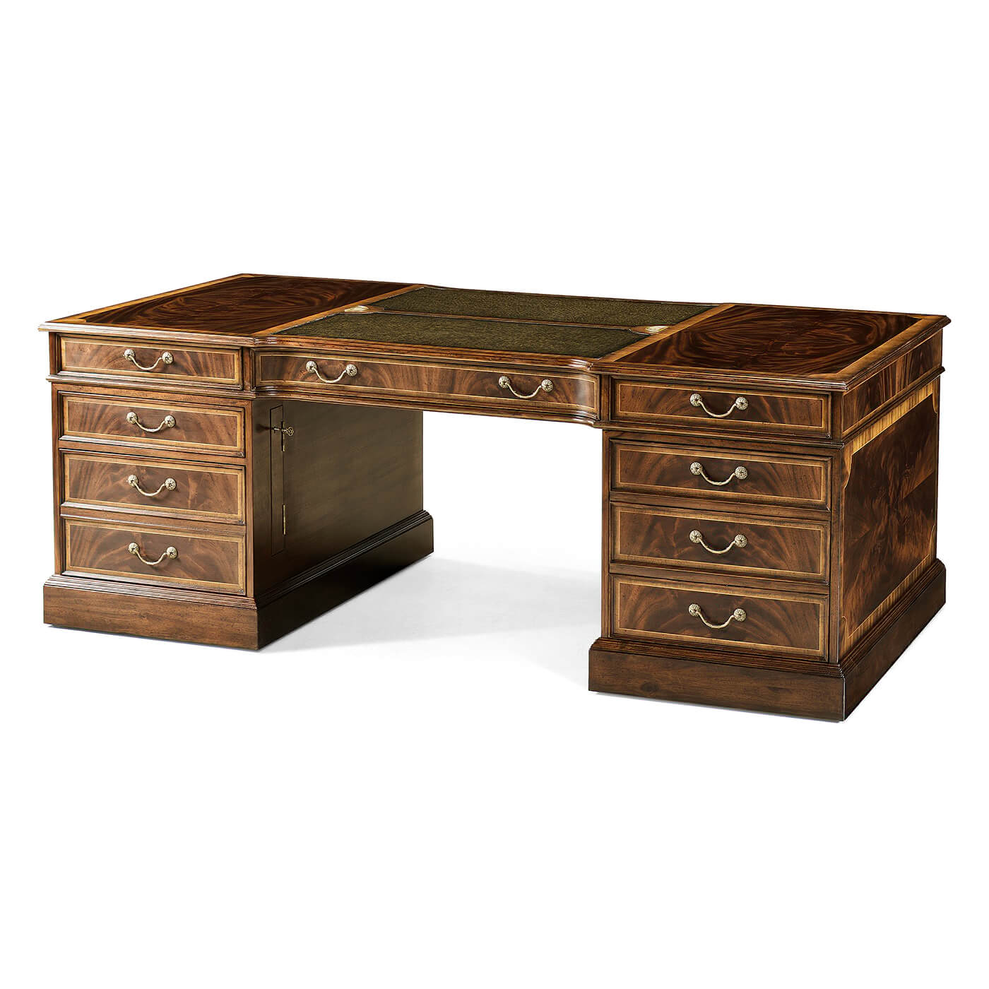 Mahogany leather top partners desk front angle view.