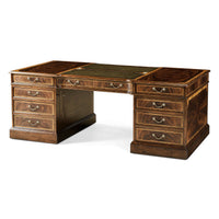 Mahogany leather top partners desk front angle view.
