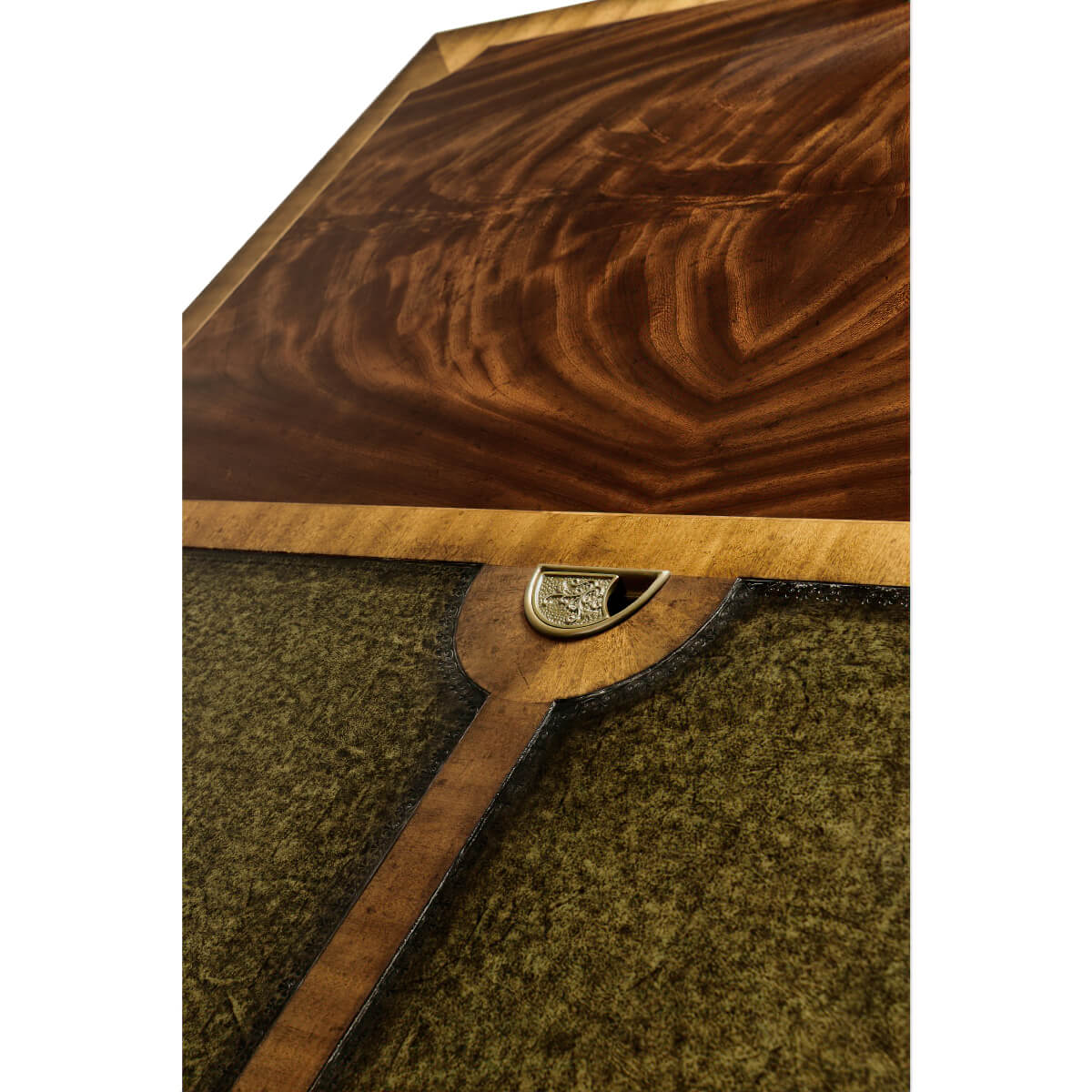 Close-up of desk top wood and leather detail.