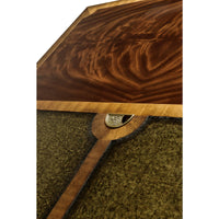 Close-up of desk top wood and leather detail.