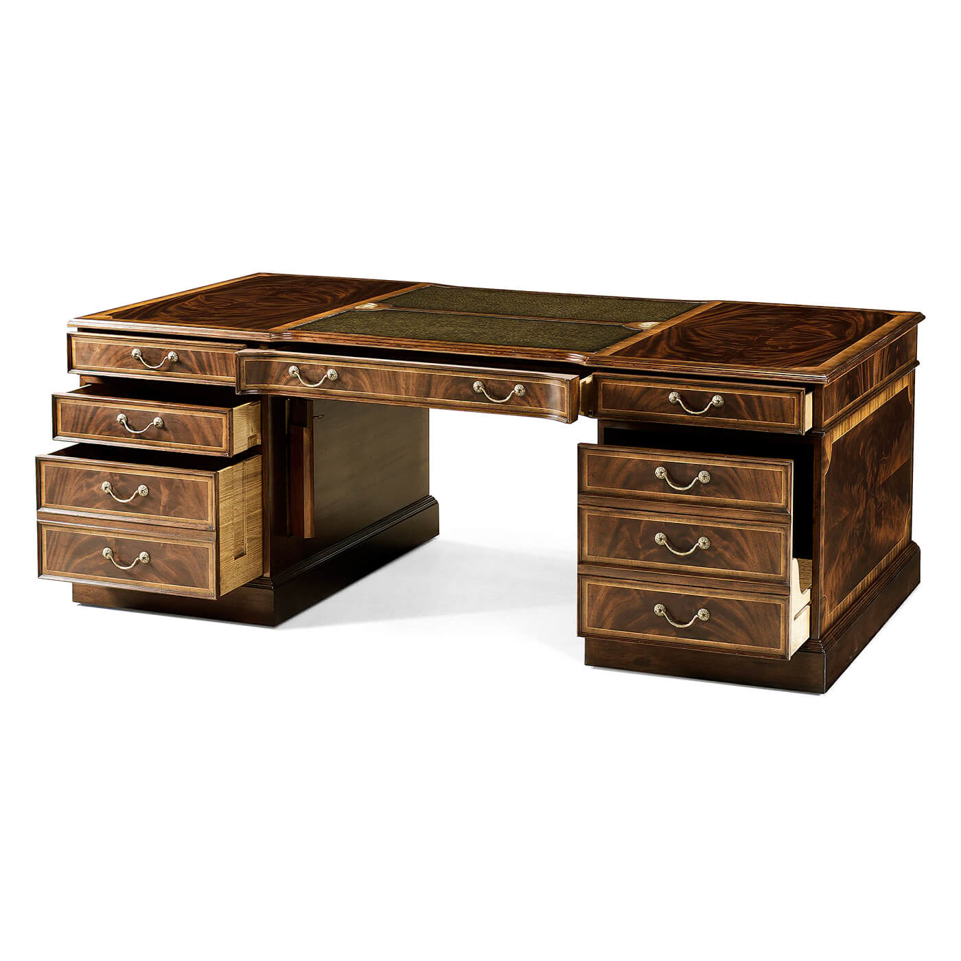 Partners desk with open drawers and leather top.