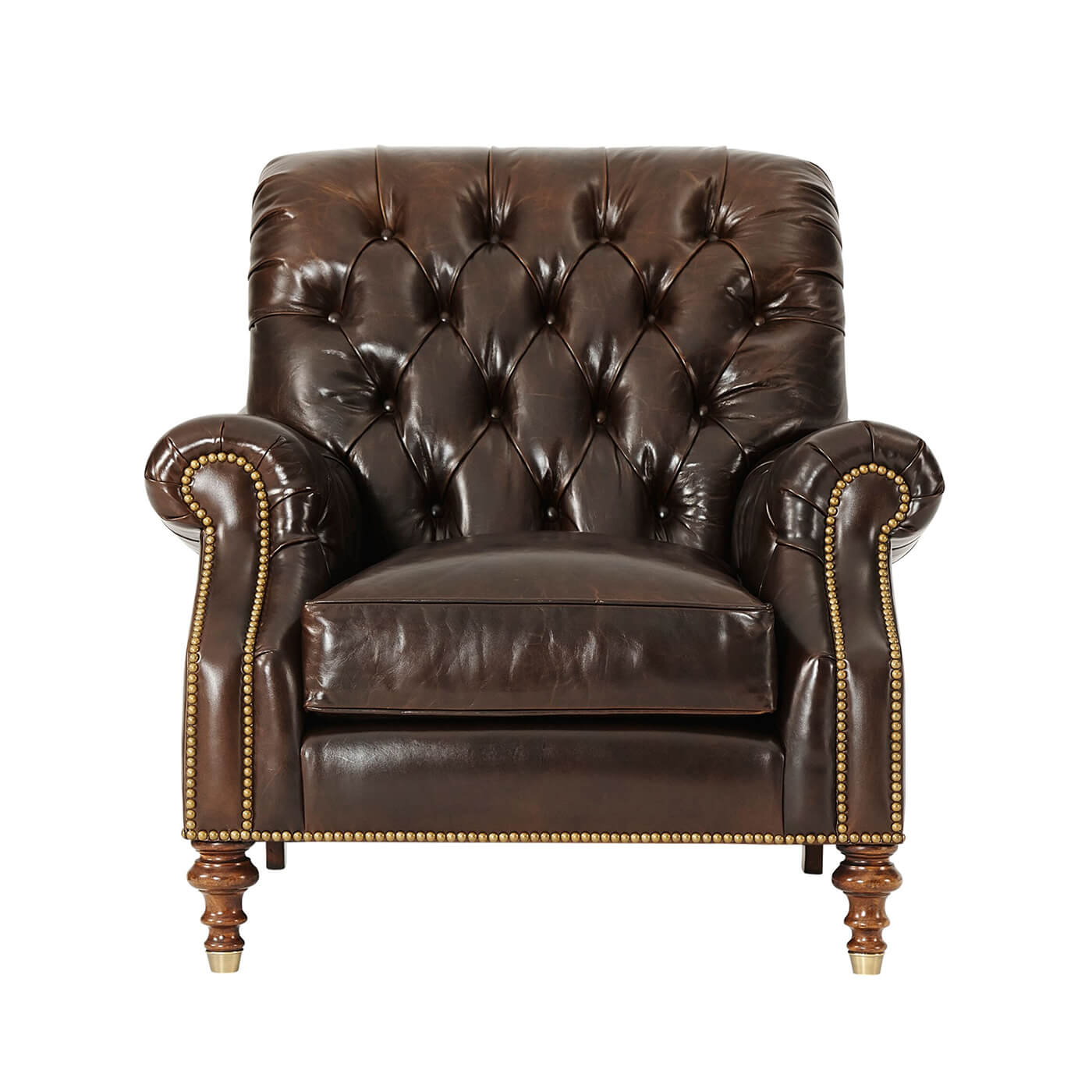 Front view of leather club chair, tufted design, nailhead trim.
