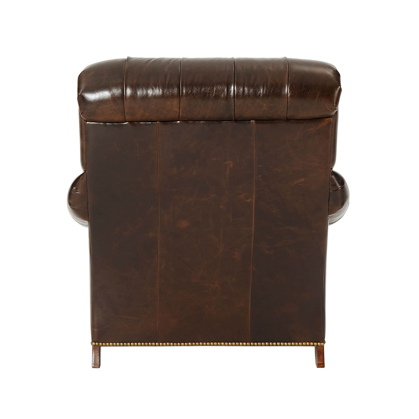 Backside of brown leather club chair, smooth finish.