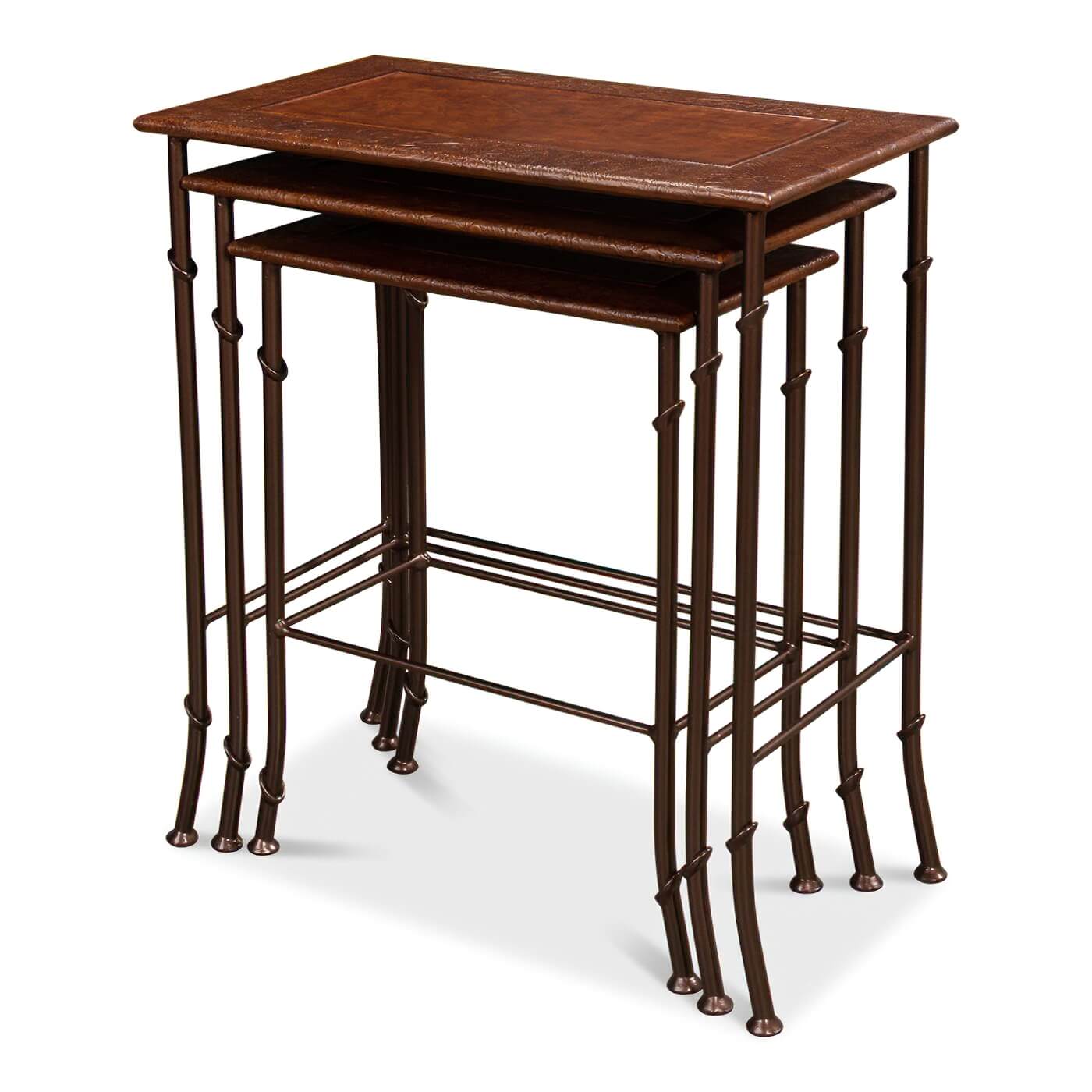 Nesting tables aligned, metal and wood design.
