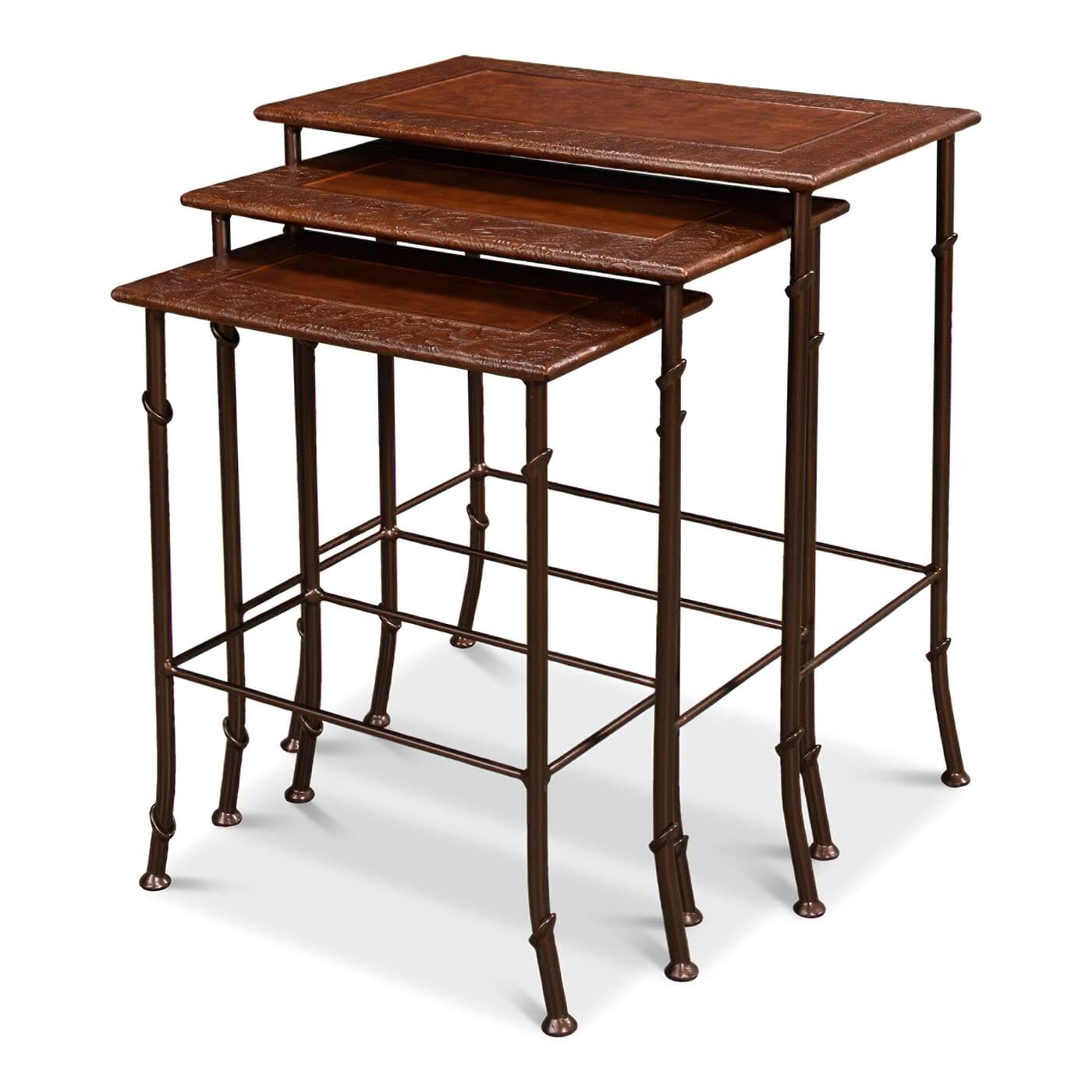 Three stacked nesting tables, modern design, wooden tops.