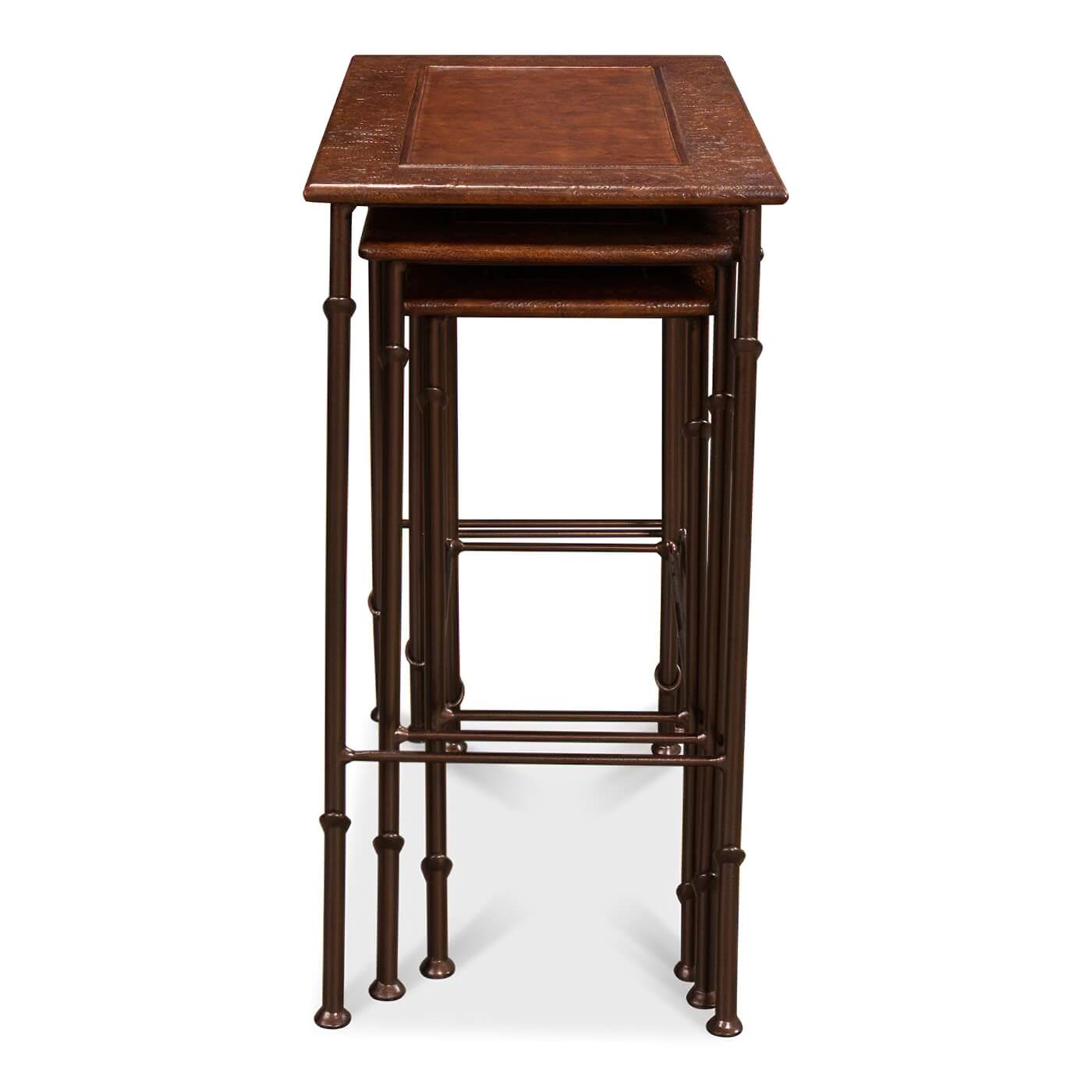 Slim profile of leather-top nesting tables, side view.