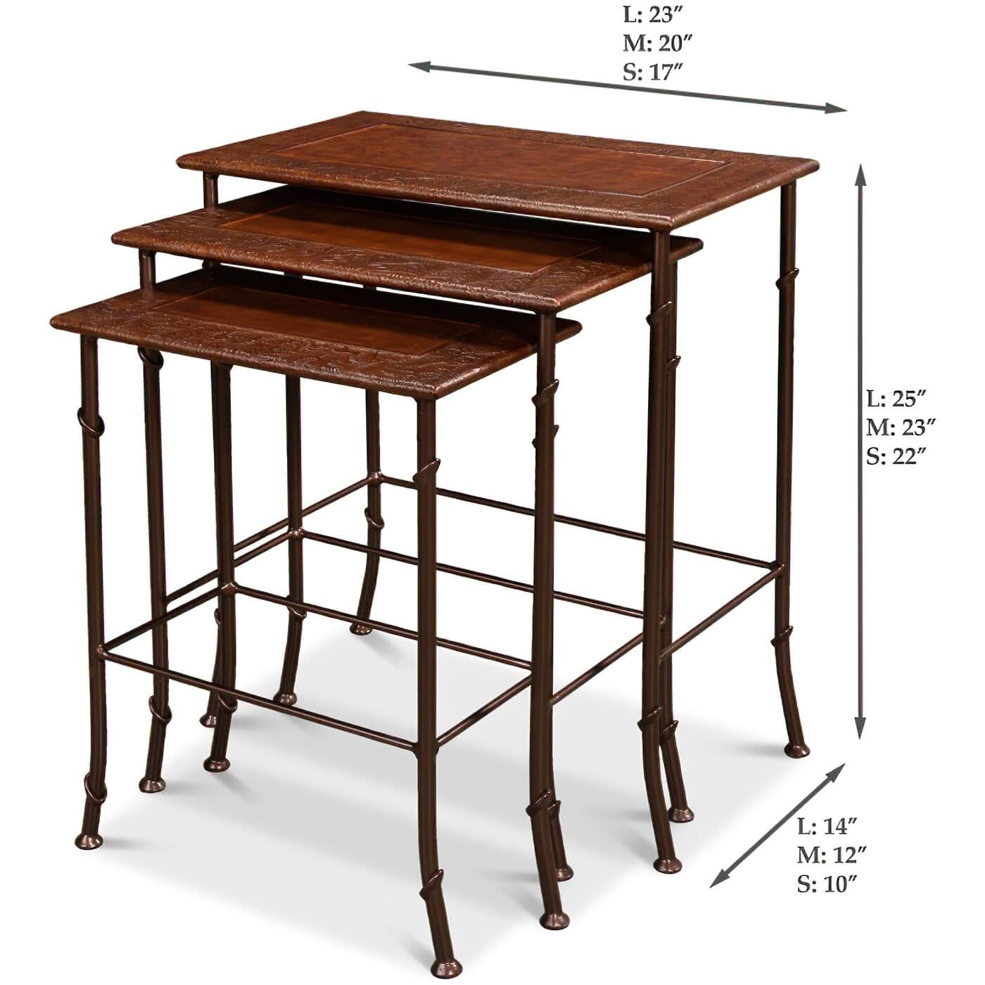 Dimensions of modern nesting tables, side and end.