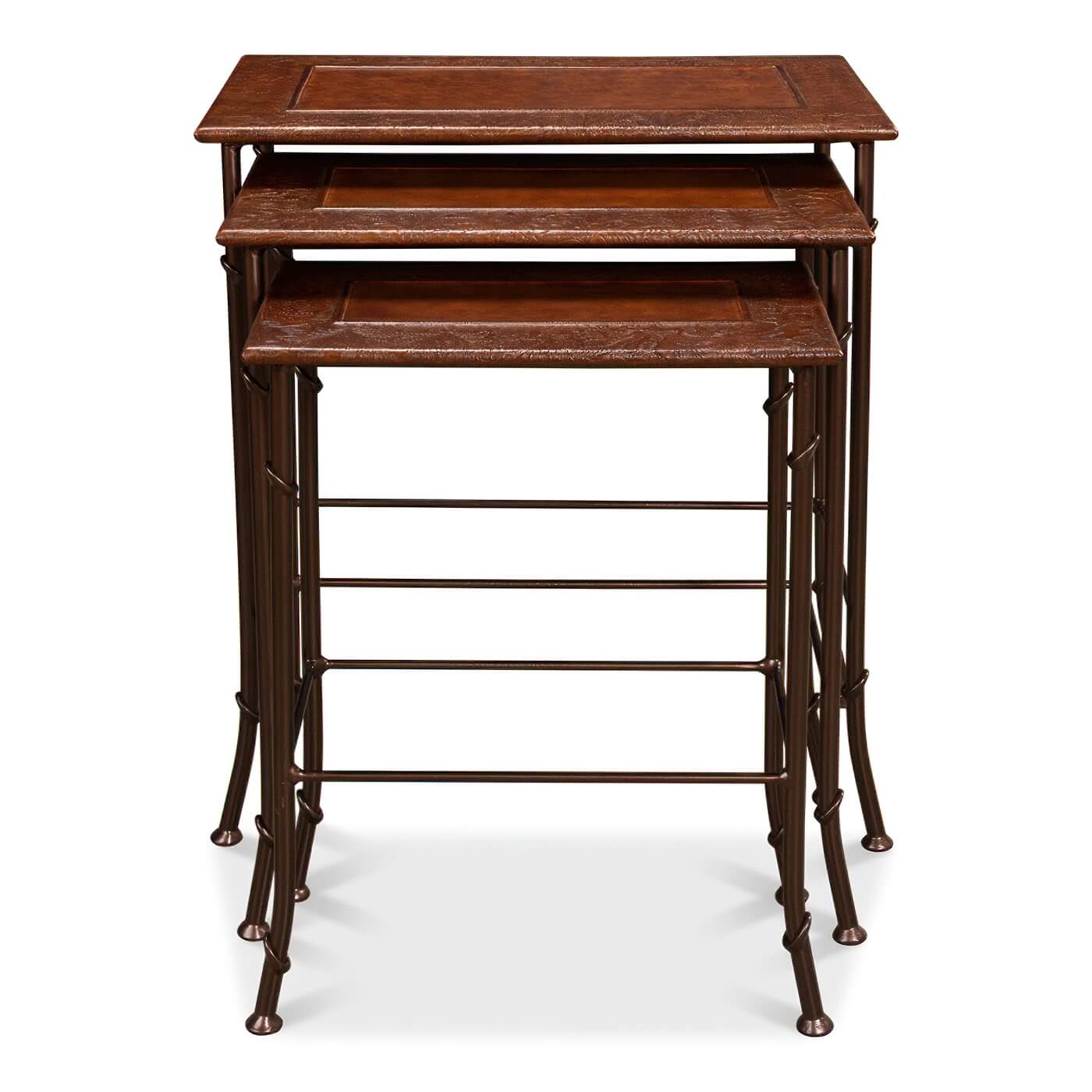 Front view of stacked nesting tables, metal legs.