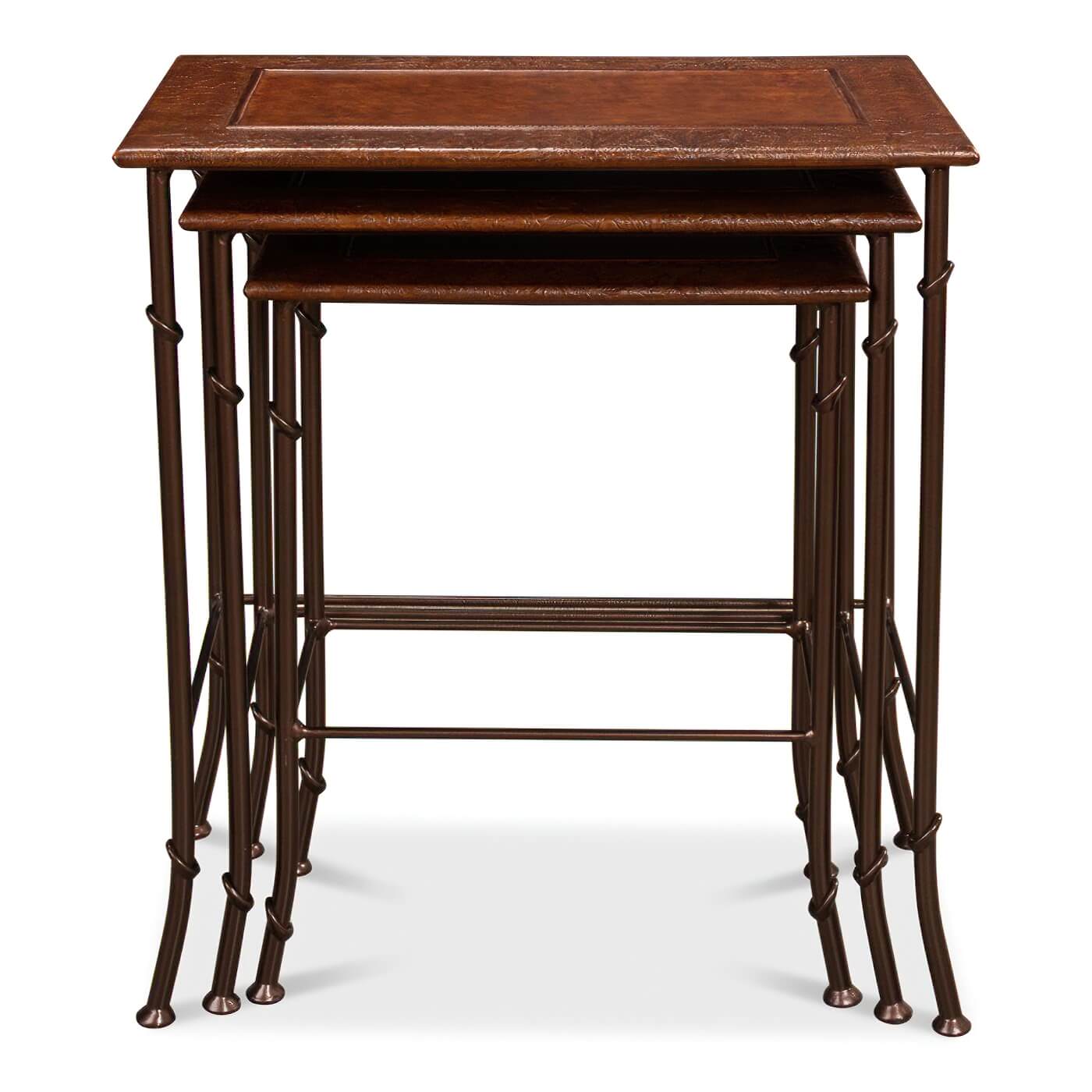 Straight alignment of modern nesting tables, wooden tops.