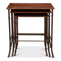 Straight alignment of modern nesting tables, wooden tops.