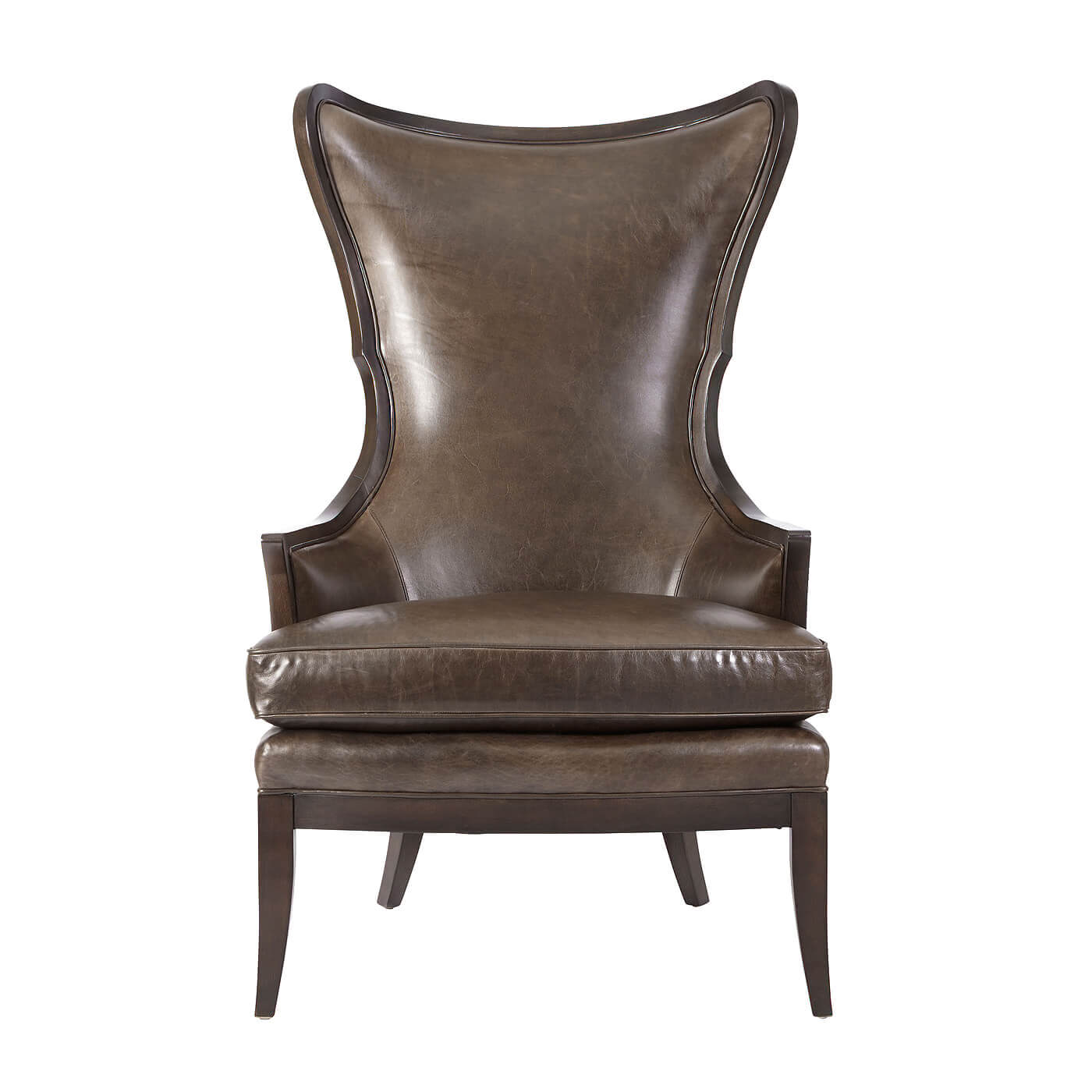 Modern upholstered wingback chair, front view.