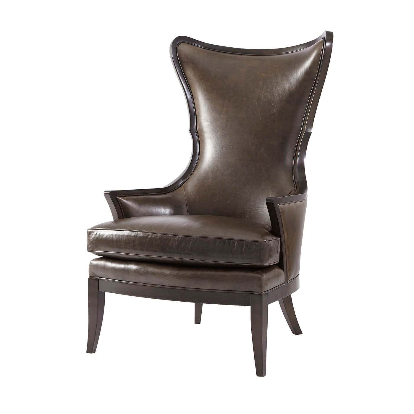 Modern upholstered wingback chair, front three-quarter view.
