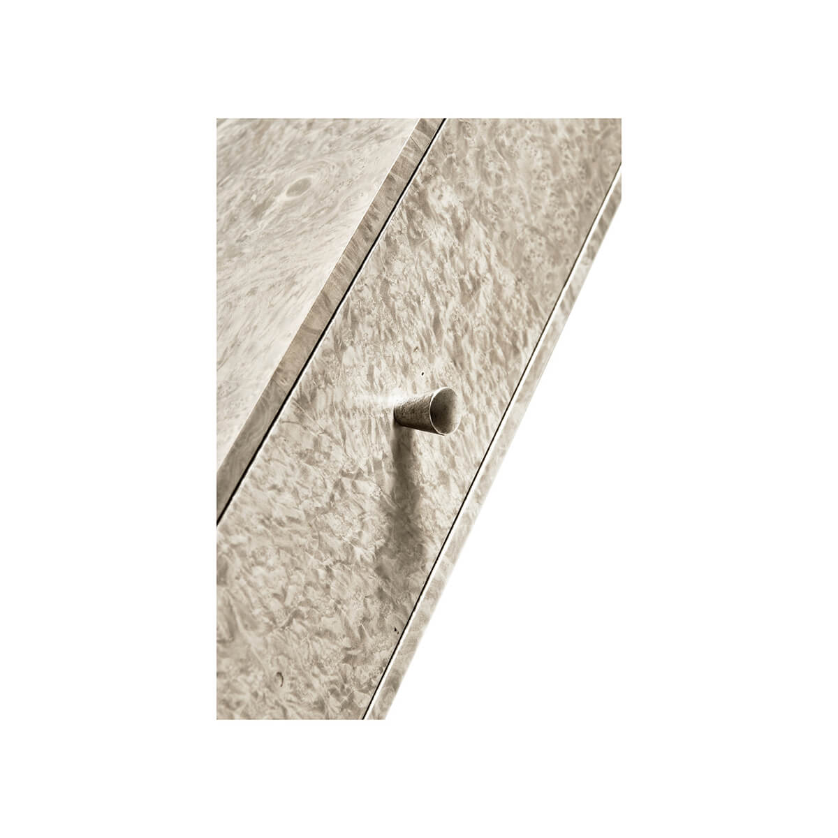 Close-up of drawer handle on Organic Modern Madrona Desk.