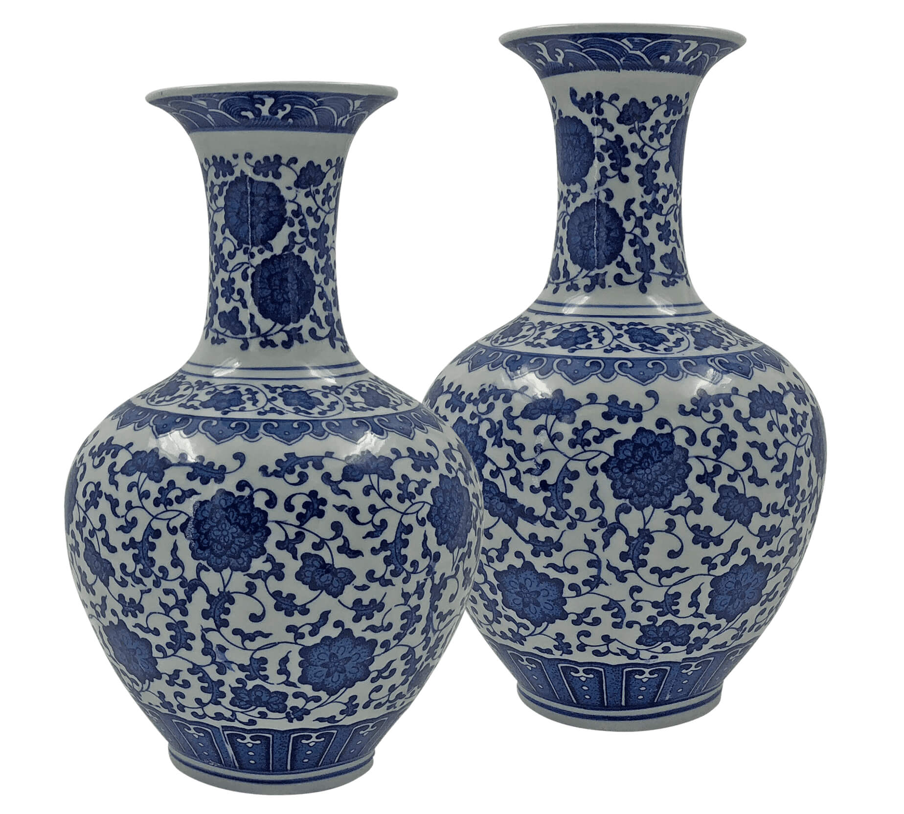 Pair of Chinese porcelain chrysanthemum vases, blue and white.