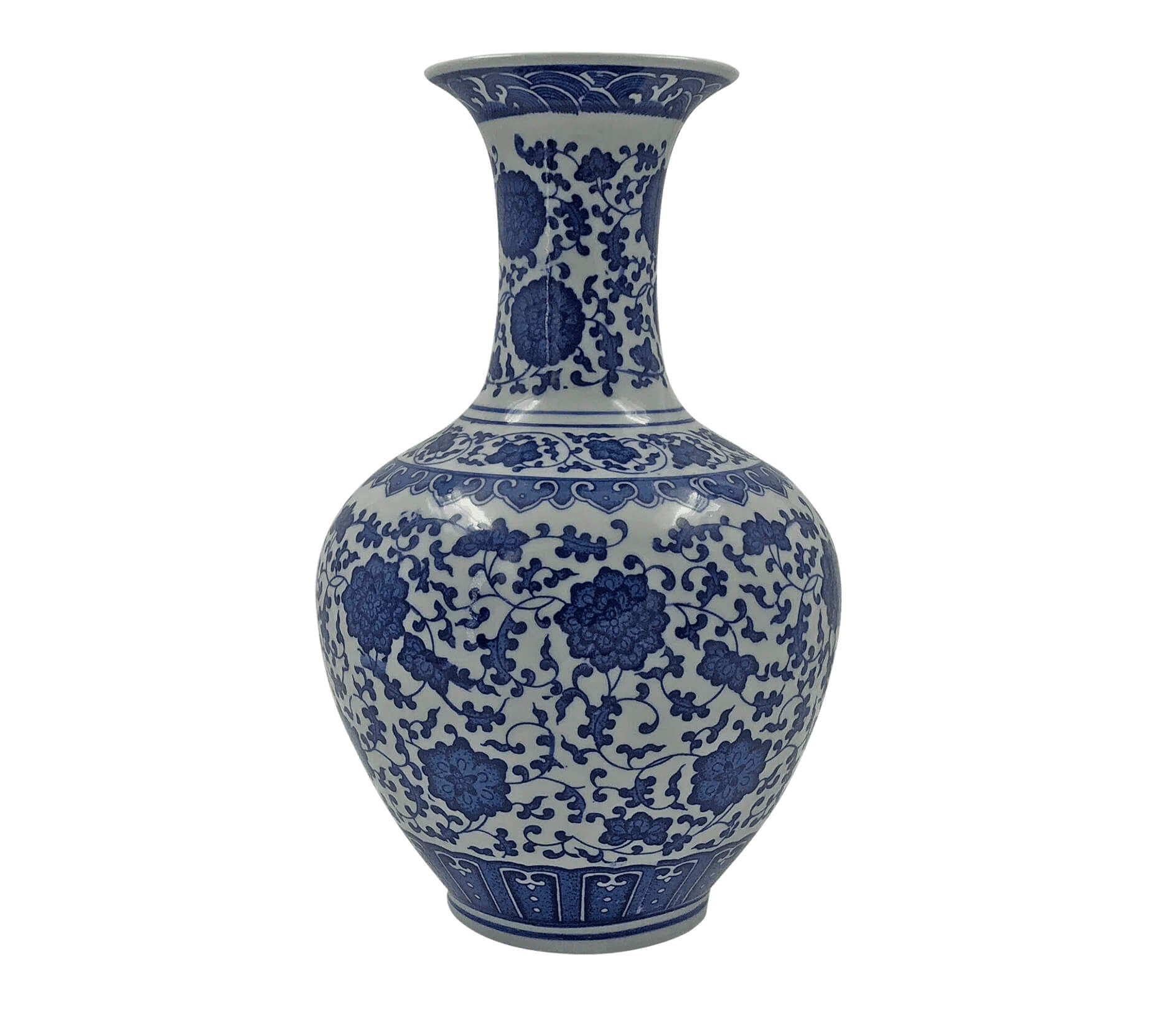 Chinese porcelain vase with chrysanthemum design, side angle.