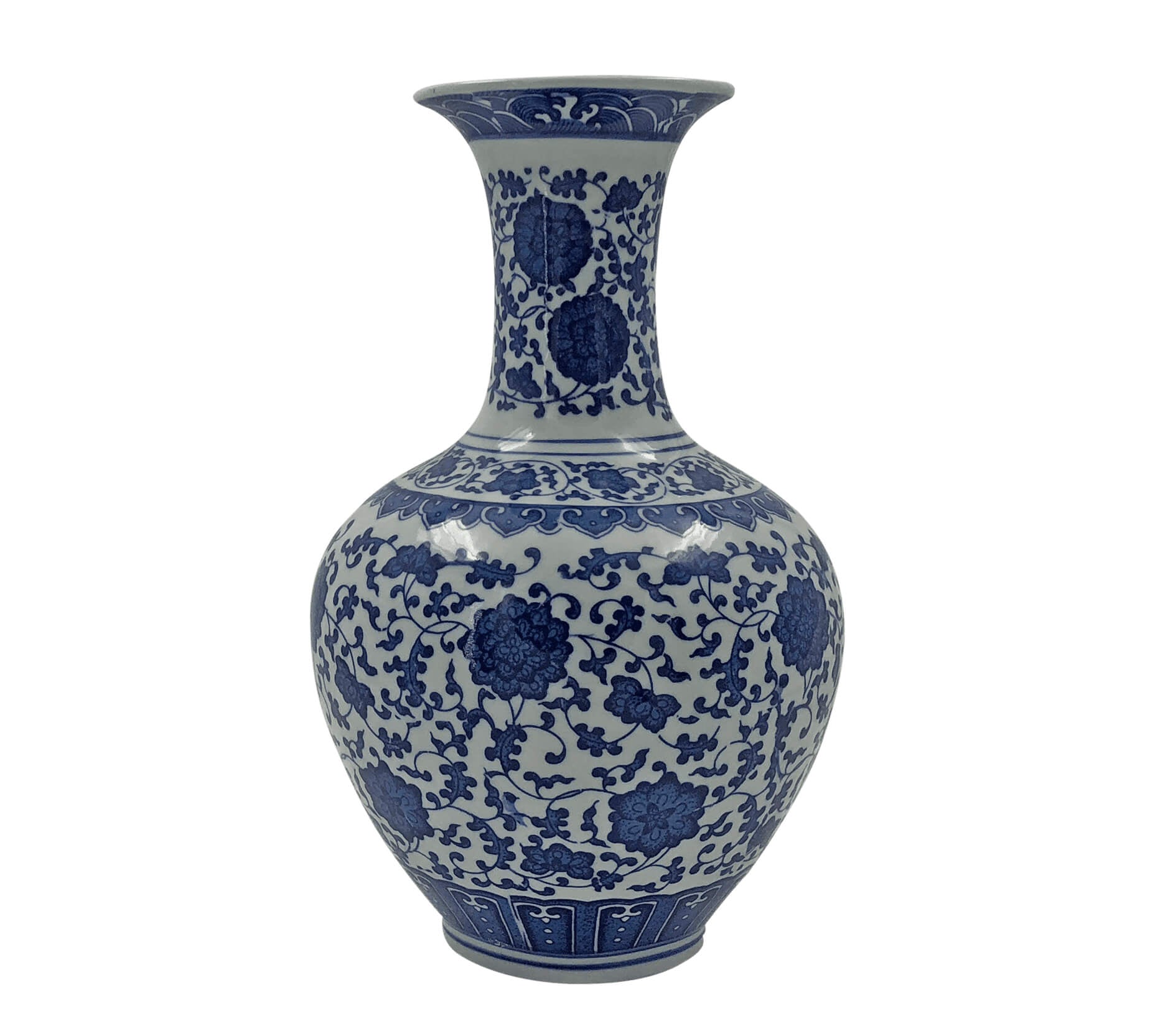 Single Chinese blue and white porcelain vase, front view.