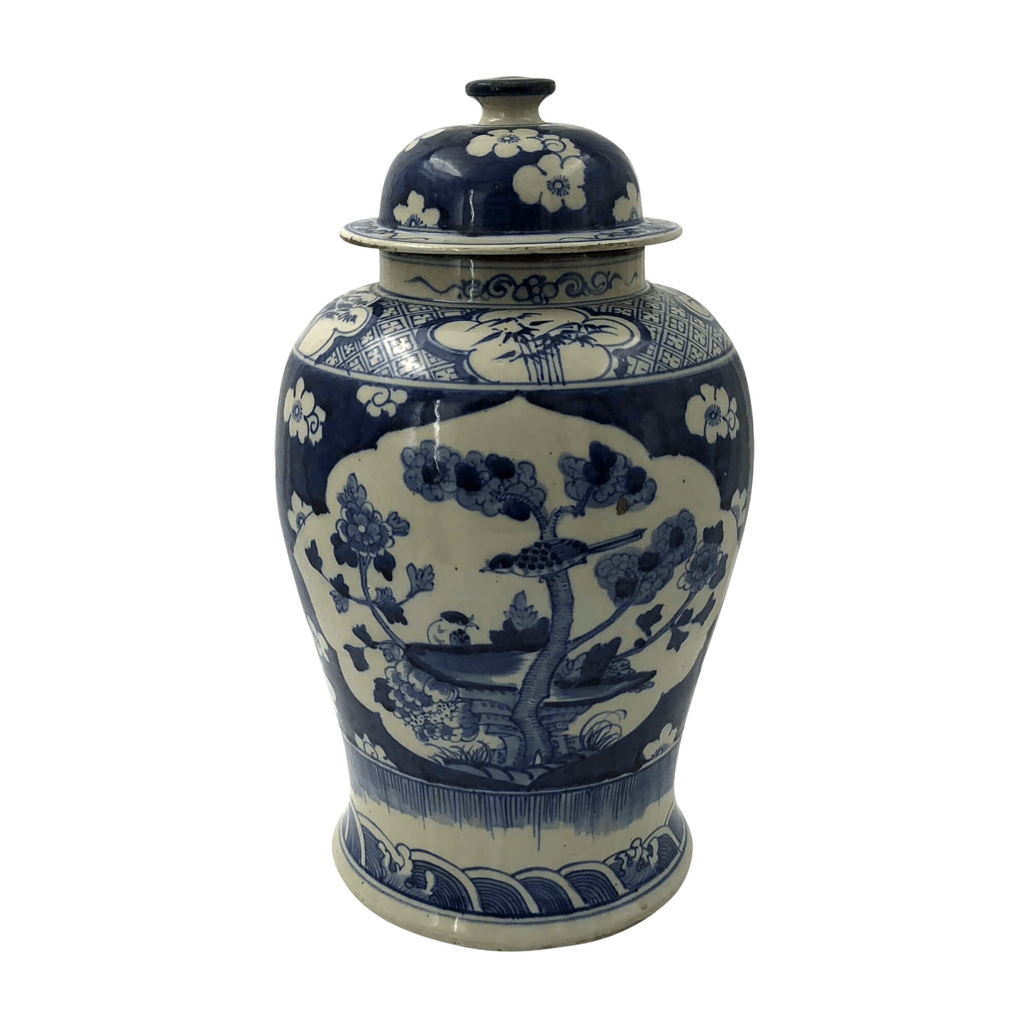 Single Chinese porcelain ginger jar with lid, side view.