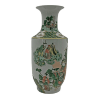 Side view of Famille Verte vase with scenic art.