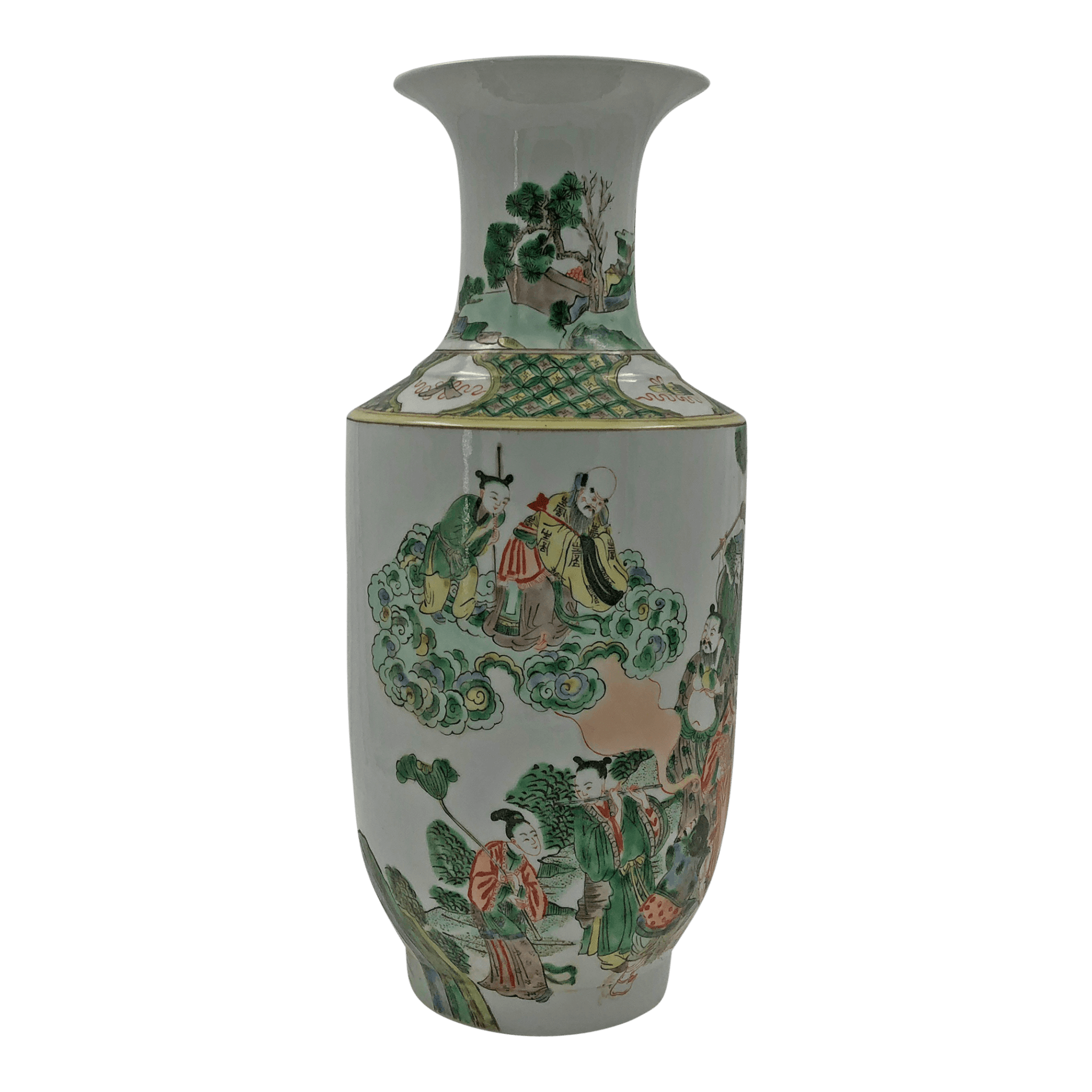 Side view of Famille Verte vase with scenic art.