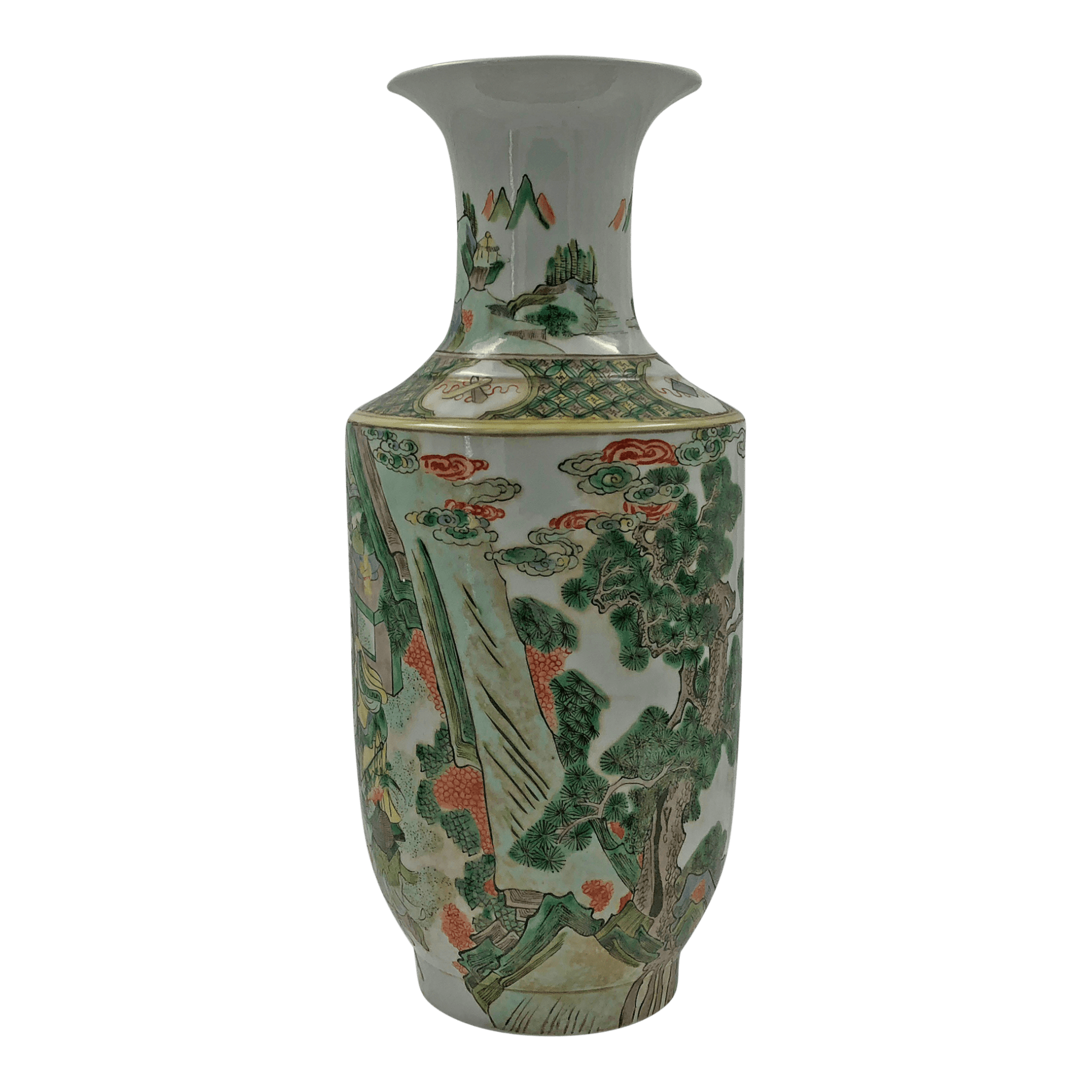 Famille Verte vase, close-up with intricate landscape details.